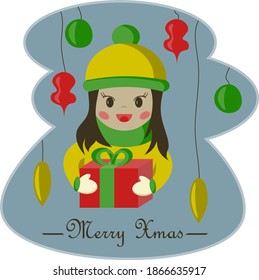 Cute little girl in winter clothes holds red Christmas gift box