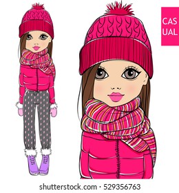 Cute Little Girl In Winter Clothes. Hand Drawn Cute Teen With Casual Apparel. Personage In Sketch Style. Girl In Warm Clothes: Hat, Scarf, Jacket. Cartoon Teen