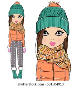 Cute little girl in winter clothes. Hand drawn cute teen with casual apparel. Personage in sketch style. Girl in warm clothes: hat, scarf, jacket. Cartoon teen