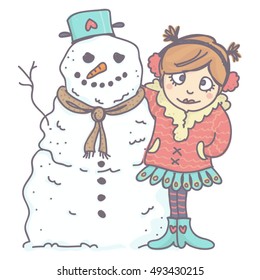 Cute, little girl in winter clothing hugging funny snowman. Vector cartoon of snowman and girl, isolated.