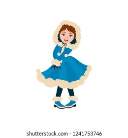 Cute little girl in winter coat. Vector illustration can use for Christmas greeting card, invitation, T-shirt, interior design