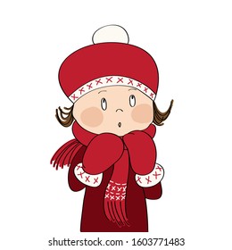 Cute little girl in winter outfit, looking up, expecting snow - original hand drawn illustration
