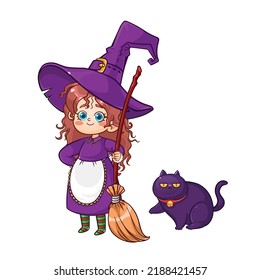 Cute little girl in witch and cat costume