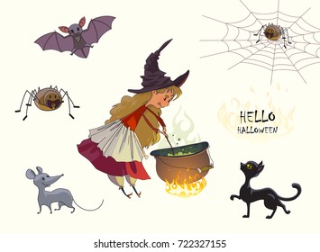 Cute little girl a witch cooks a potion in a cauldron. Nearby a black cat, a gray mouse, a bat and a spider with a cobweb. Illustration for Halloween. Vector drawing isolated on white