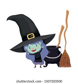 cute little girl with witch costume and cauldron