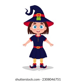 Cute little girl in a witch costume with a frog, halloween holiday