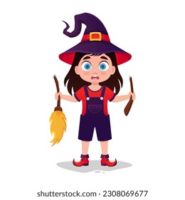 Cute little girl in a witch costume is upset because of a broken broom