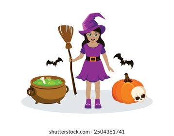 Cute little girl in witch costume with broom and hat vector illustration. Little halloween girl witch with cauldron, pumpkin, skull, bats icon set. Happy girl in a witch hat and a pot of green potion