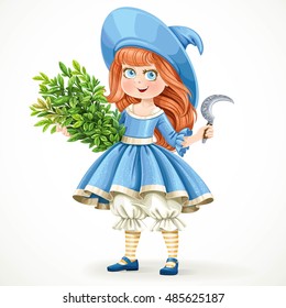 Cute little girl in witch costume holding an armful of herbs and sickle isolated on white background