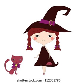 Cute little girl in a witch dress with a cat. Vector image.