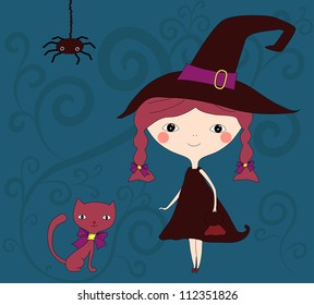 Cute little girl in a witch dress with a cat. Vector background.