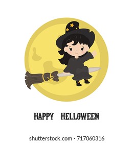 Cute little girl witch flying in front of the full moon with magical broom. Happy Halloween.