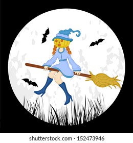 Cute little girl in witch hat flying on broomstick, can be use as poster, banner or flyer for Halloween party night. 