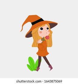 Cute Little Girl With Witch Hat Illustration. Girl With A Orange Dress Cartoon. Beautiful Girl Hold A Rose Illustration.