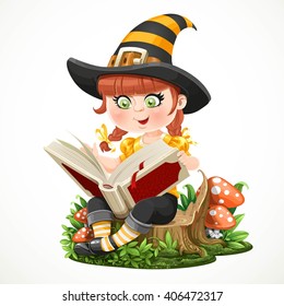 Cute little girl witch sitting on a tree stump and reads magic book isolated on white background