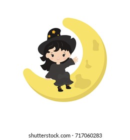 Cute little girl witch sitting on the moon. Happy Halloween.