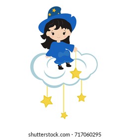 Cute little girl witch sitting on the sky. Happy Halloween.