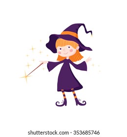 Cute little girl witch with wand.