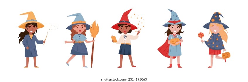Cute Little Girl Witches in Pointed Hat with Broom Vector Set