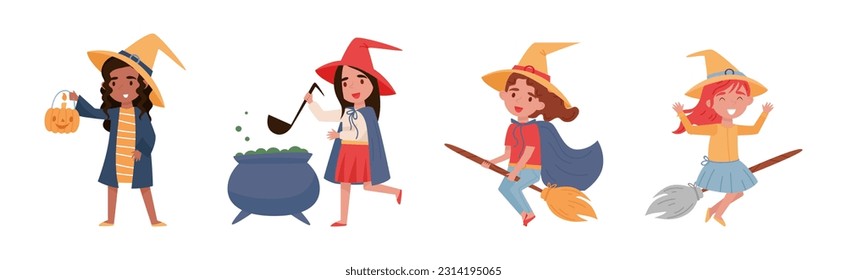 Cute Little Girl Witches in Pointed Hat with Broom Vector Set