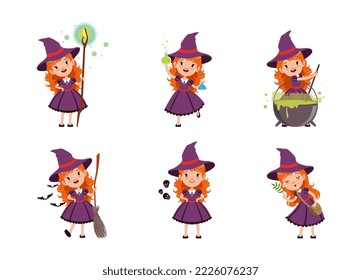 Una niñita linda se pone. Hermosa chica pelirroja vestida con un vestido púrpura y puntiagudo que practica la brujería dibujos animados ilustraciones vectoriales