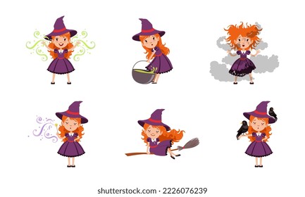 Cute little girl witches set. Beautiful redhead girl dressed purple dress and pointed hat flying on broom, making magic potion in cauldron cartoon vector