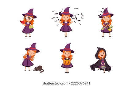 Cute little girl witches set. Beautiful redhead girl dressed purple dress and pointed hat celebrating Halloween cartoon vector illustration