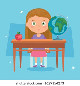 cute little girl with wooden desk vector illustration design