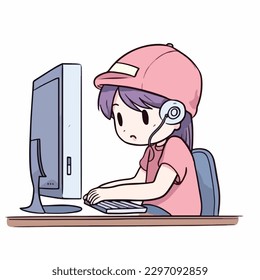 Cute little girl working and studying using computer desktop cartoon flat character vector illustration