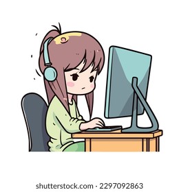 Cute little girl working and studying using computer desktop cartoon flat character vector illustration