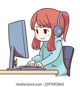 Cute little girl working and studying using computer desktop cartoon flat character vector illustration