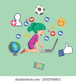 Cute little girl working and studying using laptop cartoon flat character vector illustration