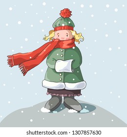 Cute little girl wrapped in warm clothes up to her nose and a red scarf standing on a hill slope on a windy winter day - hand drawn vector illustration