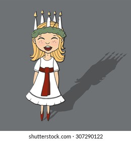 Cute little girl with wreath and candle crown, Saint Lucia, Swedish christmas tradition, vector illustration background