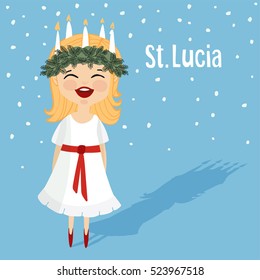 Cute Little Girl With Wreath And Candle Crown, Saint Lucia. Swedish Christmas Tradition. Flat Design, Vector Illustration Background.