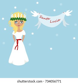 Cute little girl with wreath and candle crown, Saint Lucia. Swedish Christmas tradition. 