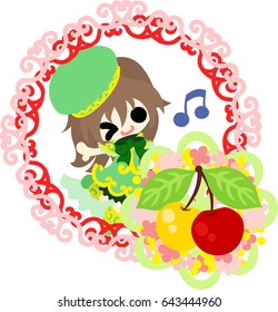 A cute little girl and a wreath of cherry