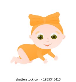 Cute little girl in yellow costume, toddler crawling in cartoon style isolated on white background, baby shower