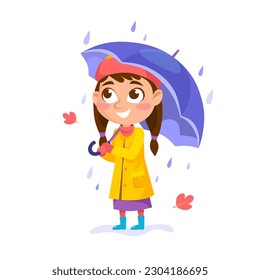 A cute little girl in a yellow raincoat standing with an open umbrella in the rain isolated on white background. Autumn season design with falling leaves. Cartoon vector illustration.