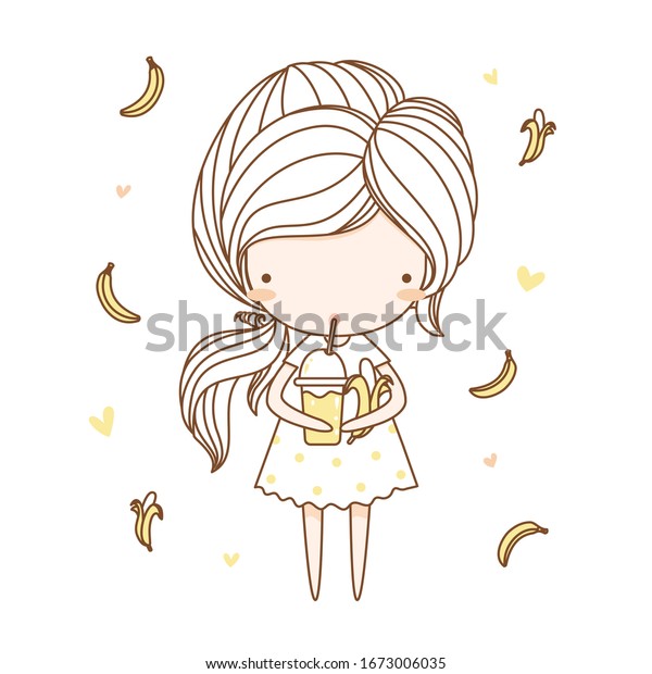 かわいい女の子 若い女の子 きれいな女の子がバナナスムージーを飲む フラットな文字デザイン Tシャツ 印刷本 グリーティングカードのベクターイラスト のベクター画像素材 ロイヤリティフリー