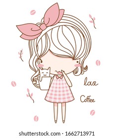 Cute little girl, young girl, sweet girl holding coffee cup. Flat character design. Vector illustration for the t-shirt, print book, greeting card.