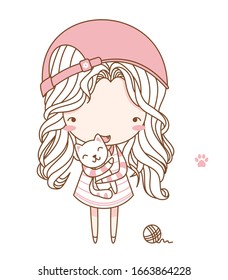 Cute little girl, young girl, sweet girl wear cap, hug cat. Flat character design. Vector illustration for the t-shirt, print book, greeting card.