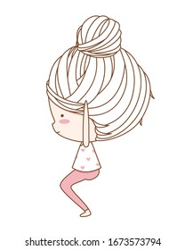 Cute little girl, young girl, sweet girl performing physical exercises. Flat cartoon character design demonstrating yoga. Vector illustration isolated on white background.