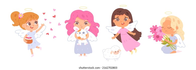 Cute little girls angels set vector illustration. Cartoon funny kids in angel dress, wings and halo throwing pink hearts, holding sweet bunny and bouquet of flowers in hands, flying isolated on white