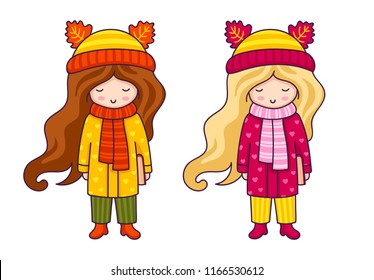 Cute little girls in autumn coat and hats with ears of animals. Vector cartoon characters.