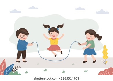 Cute little girls and boy plays jump rope. Happy european children training and doing exercise. Friends spending summer time. Childhood, summer activity, kids games. flat vector illustration