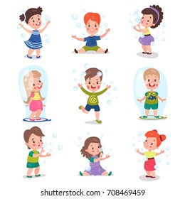 Cute little girls and boys blowing and playing with soap bubbles, set of cartoon vector Illustrations