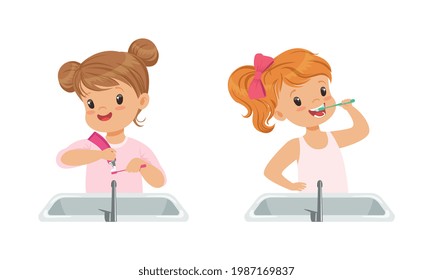 Cute Little Girls Brushing Teeth Set, Daily Routine Concept Cartoon Vector Illustration