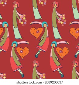 Cute little girls dancing around hearts with flowers vector seamless pattern in red, orange and green