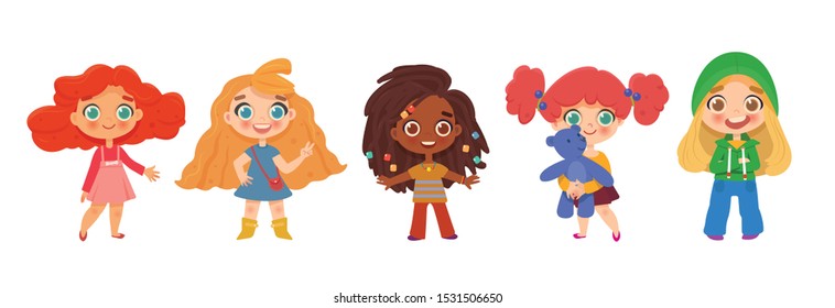 Cute little girls with different hair colors and in different beautiful dresses. Hand drawn style vector design illustrations, funny cartoon character. 